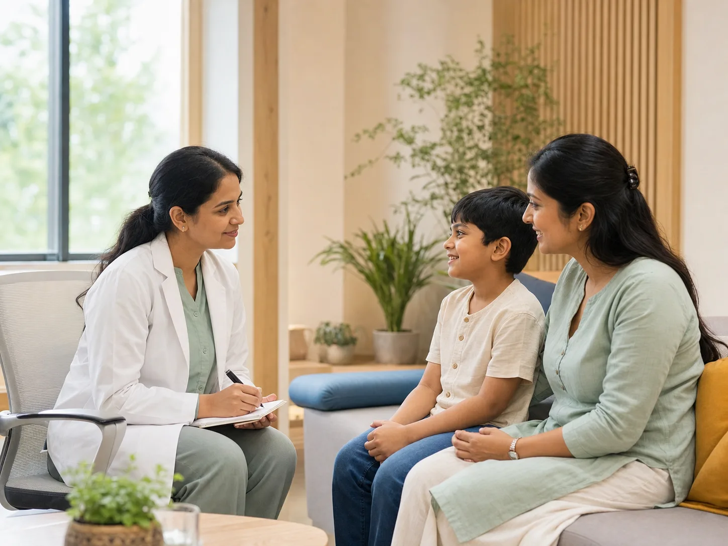 A clinician listening to a parent and child together