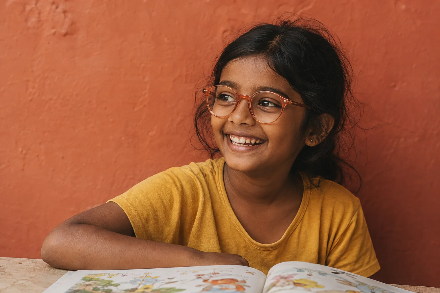 A child wearing glasses, smiling over an open book
