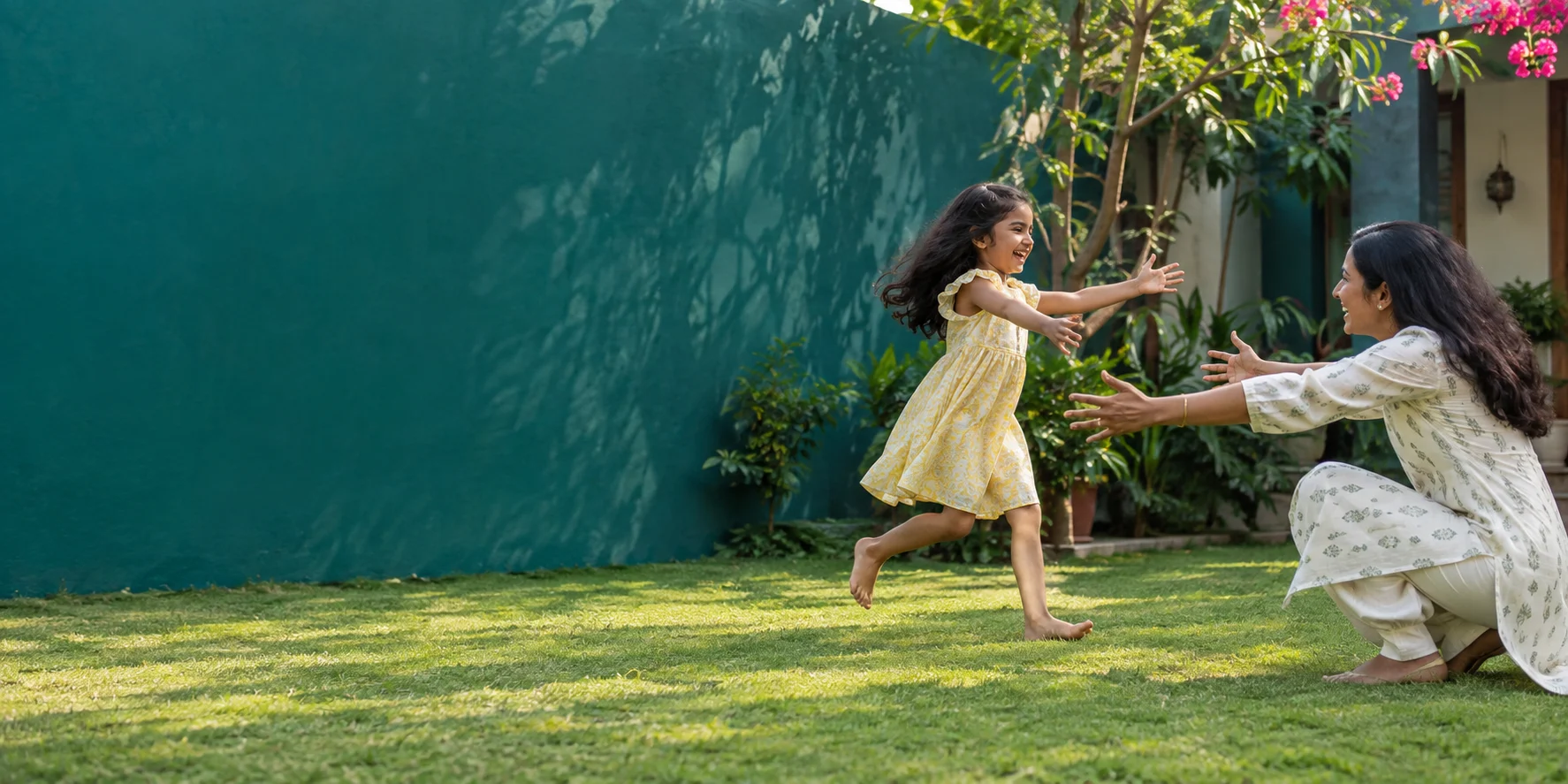 Illustrative scene of a child running towards her mother in a sunlit garden