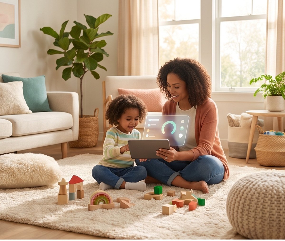 A parent and child reviewing a calm child-health record at home